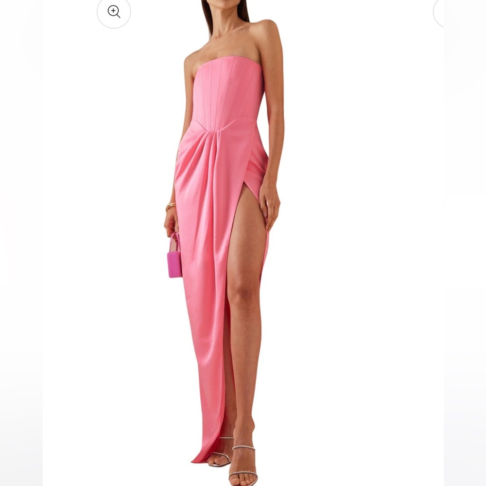 Alex Perry Strapless Pink Draped Satin Gown with High Slit
